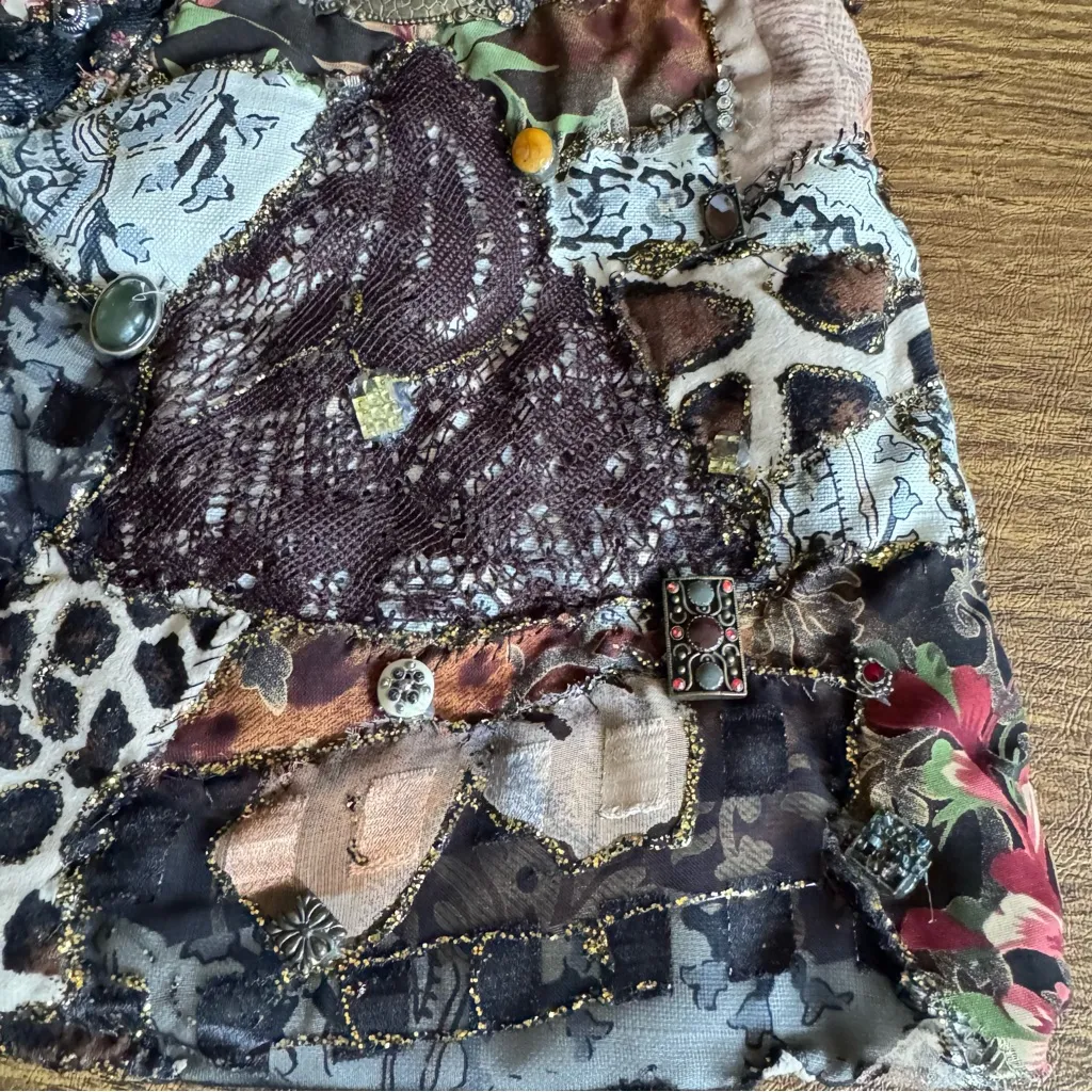 Maria Zeiour Artisan Embellished Beaded‎ Steampunk Patchwork Bucket Bag Purse Brown - Image 7