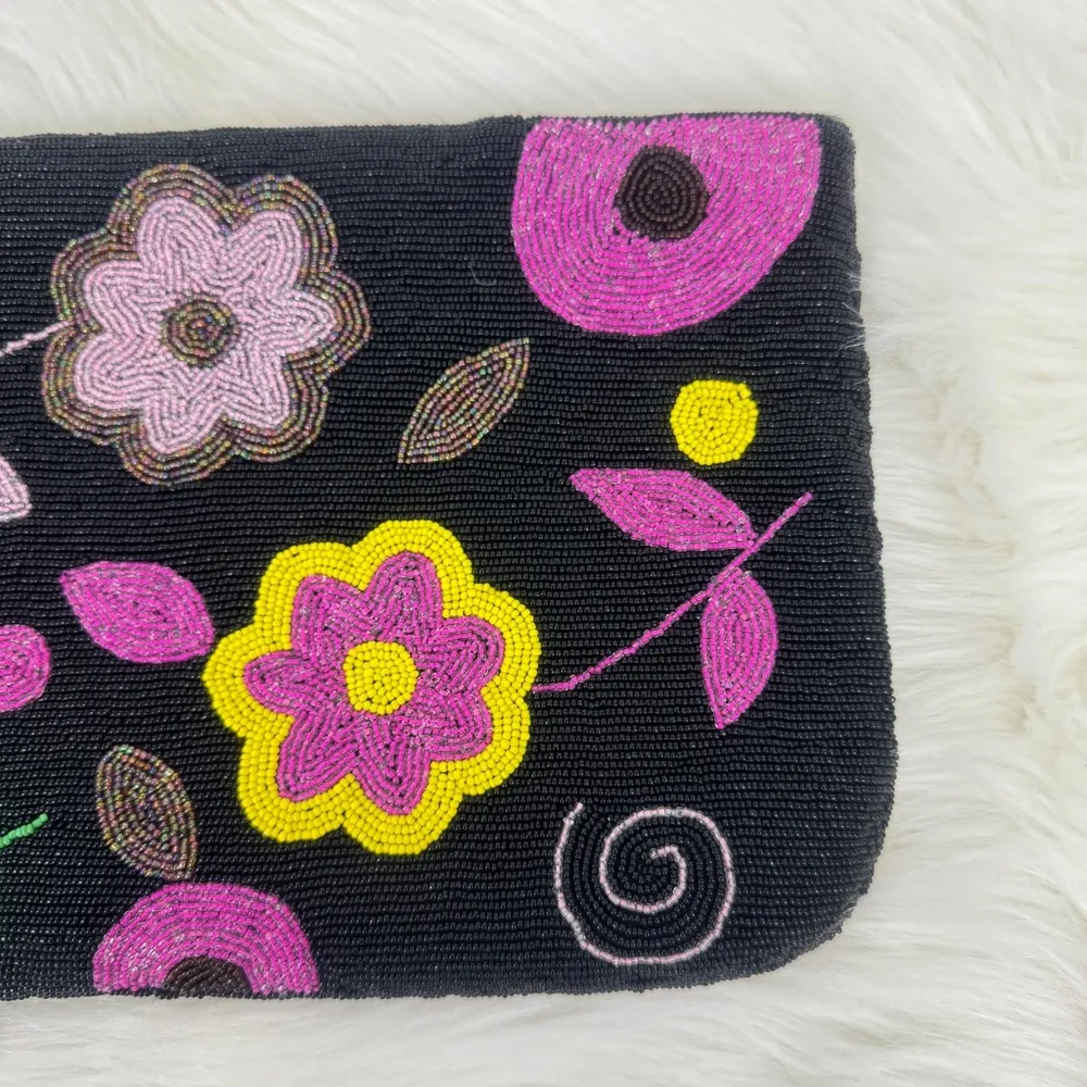 Vintage Beaded Flower Purse Clutch Black - Image 2