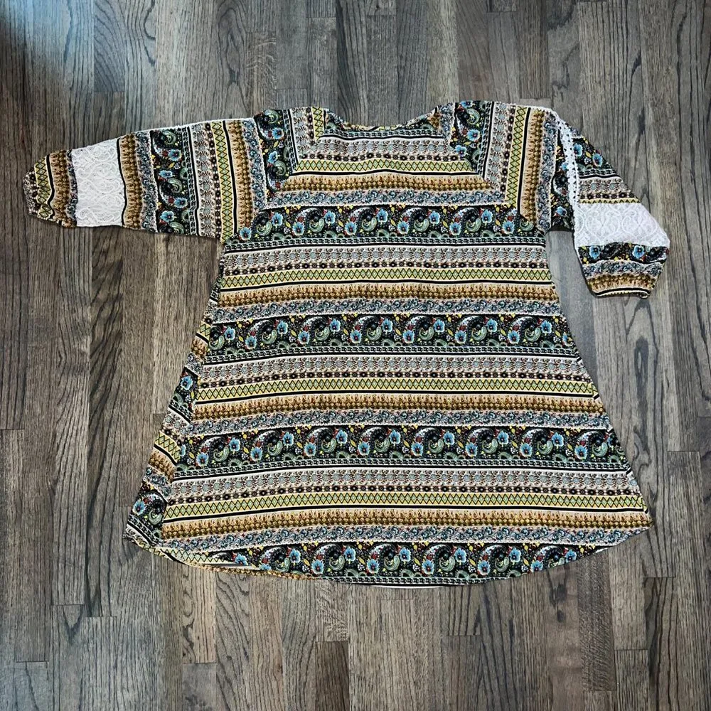 Umgee Multi-Colored Paisley 3/4 Sleeve with Lace Tunic Dress Size XL NWOT - Image 8