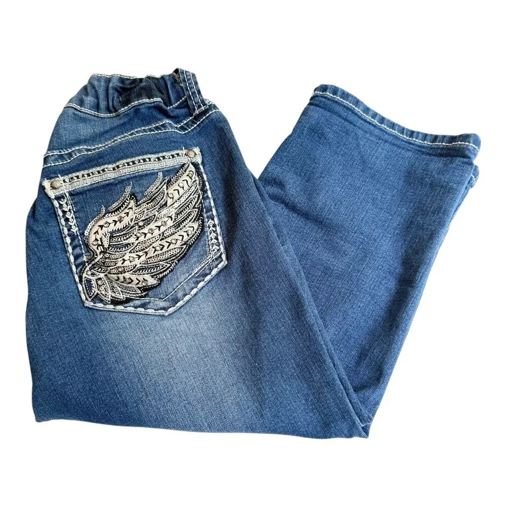 Love Indigo Denim CAPRI JEANS Women's 10P Stretch Rhinestone Angel Wing Pockets Blue - Image 8