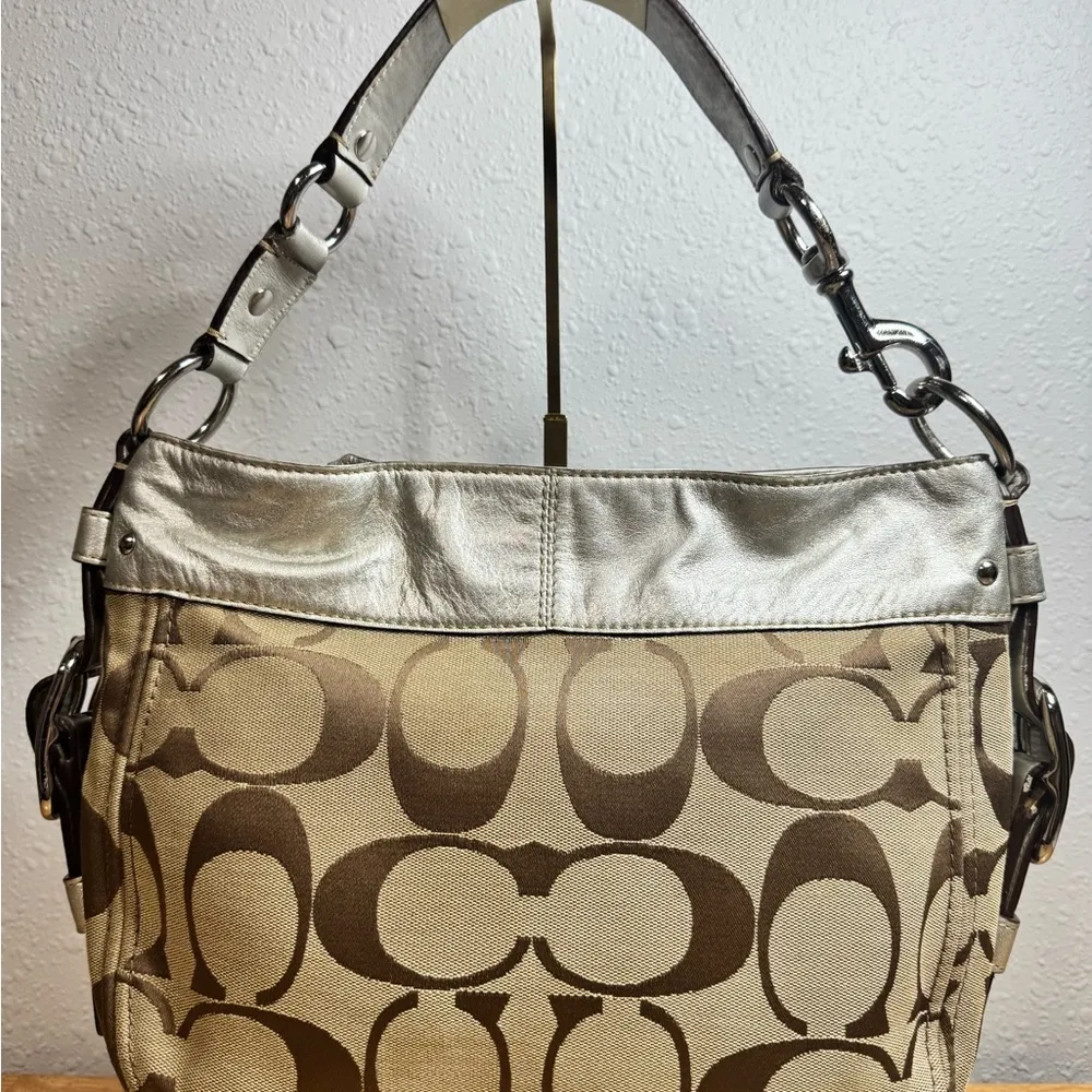 Zoe Hobo Bag Purse Jacquard Beige SILVER Monogram Canvas F12657 - Image 2