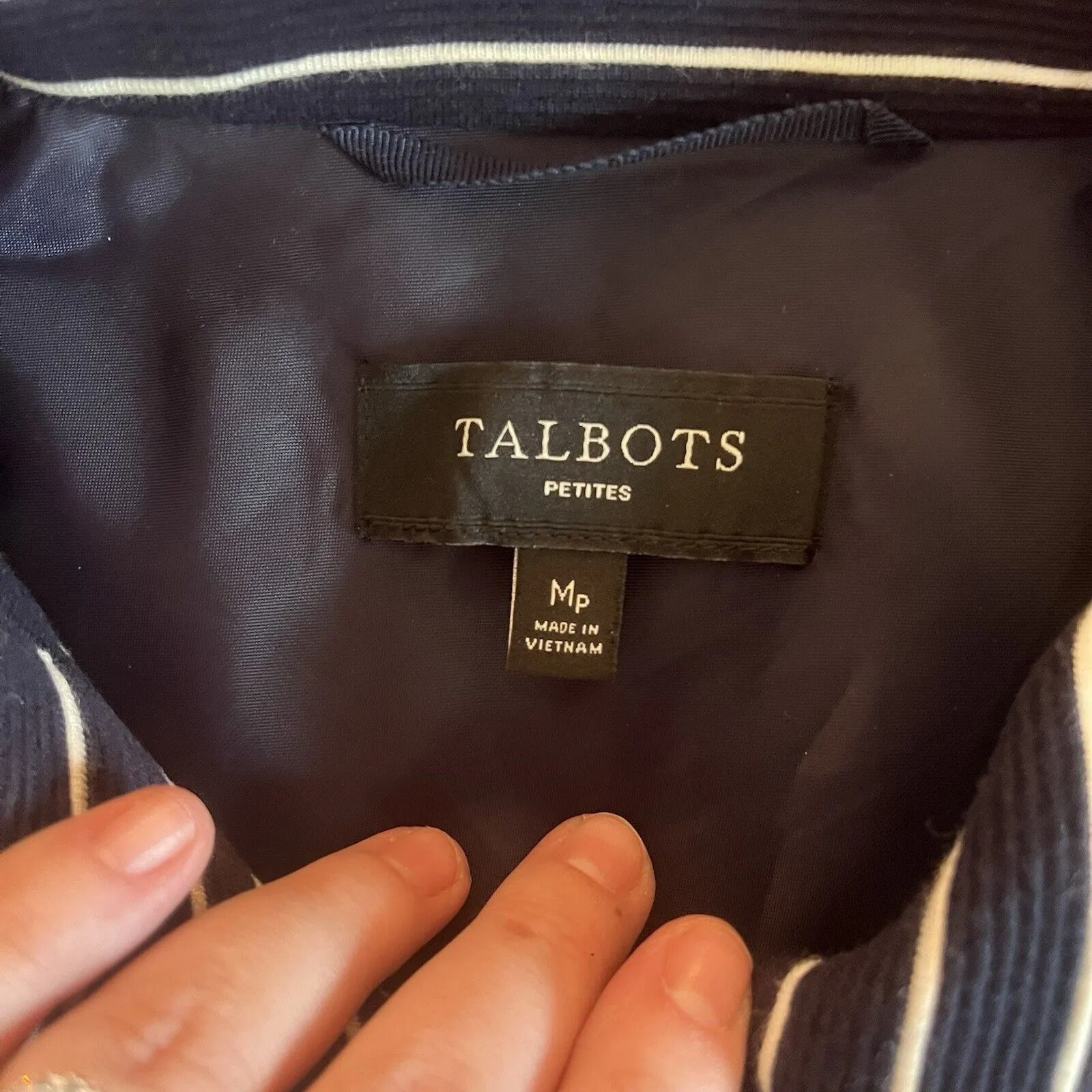 Talbots Knit Blazer Jacket Striped White Blue Nautical Button-Front Size M Pet - Image 13