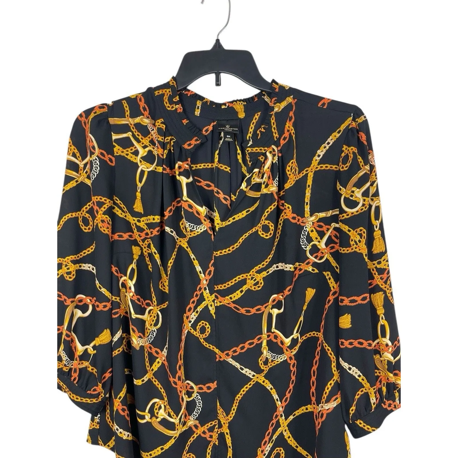 Worthington Woman 0X Black Equestrian Chain Print Tassel Rope Gold Top Sheer - Image 3