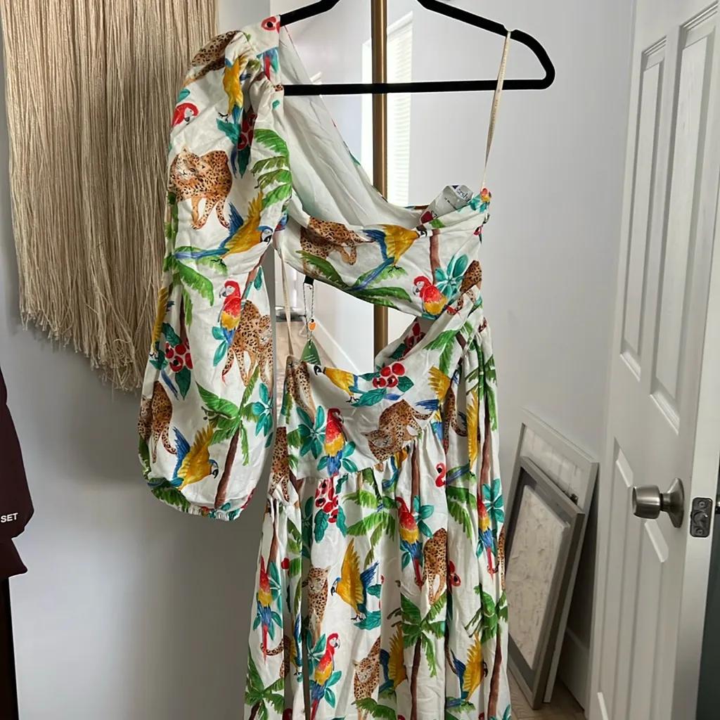 NWT Farm Rio Tropical Paradise White One Shoulder Linen Blend Midi Dress XS $250 - Image 5