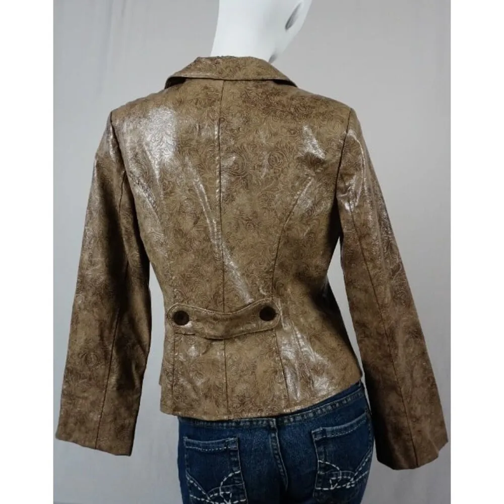 Nanette Lepore Western Gold Tan Stamped Floral Pleather Jacket Size 10 - Image 4