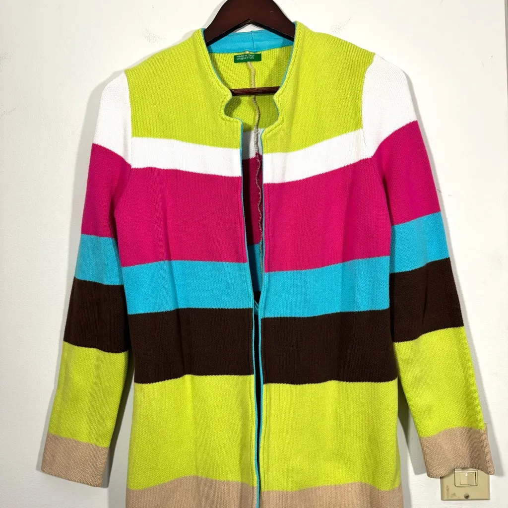 Made in Italy Of Benetton Striped Heavy Knit Long Cardigan Sweater Green - Image 2