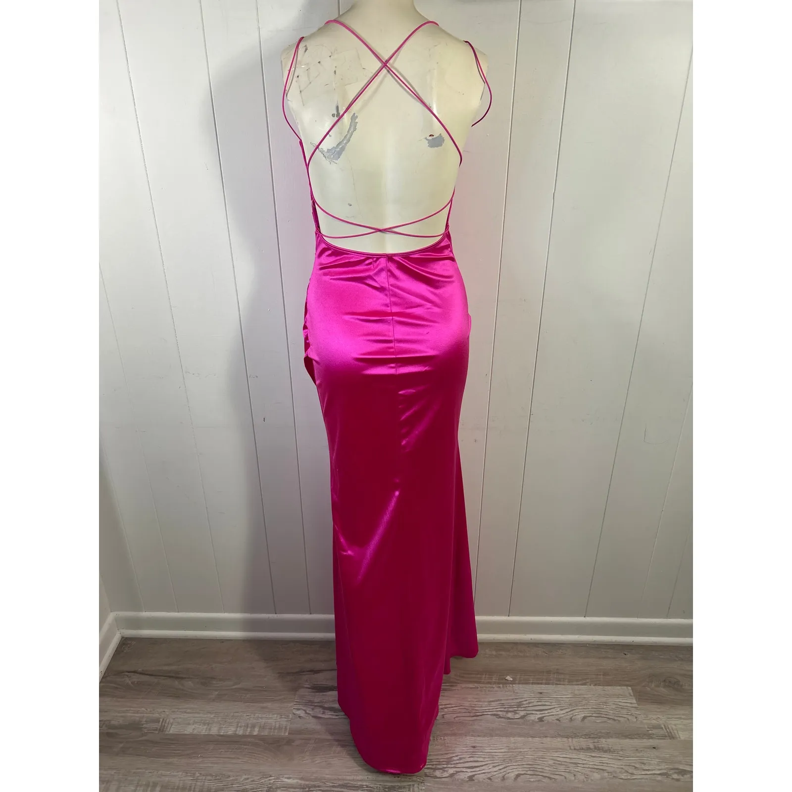 Emerald Sundae Strappy Wrap Satin Maxi Dress Gown in Hot Pink Size M - Image 3