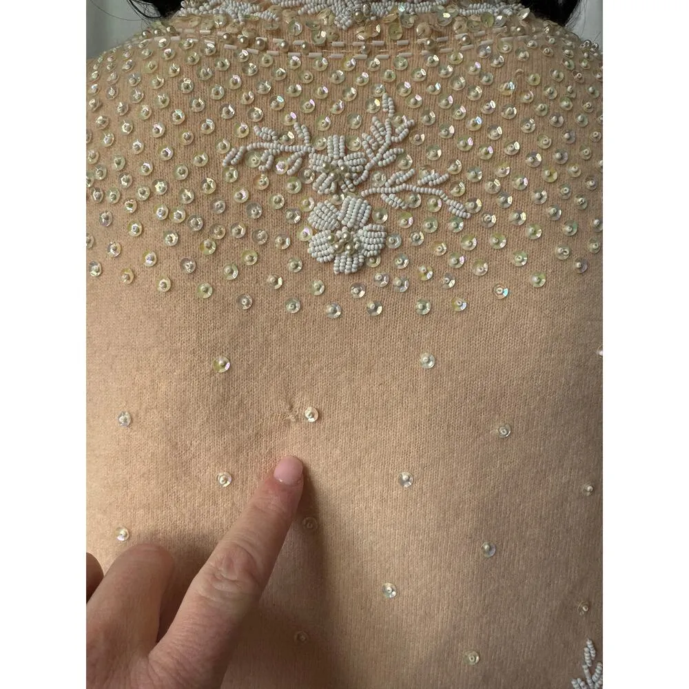 Vintage Jo Ro Imports Angora Lamb Wool Beaded Sequin pink white Cardigan small - Image 12