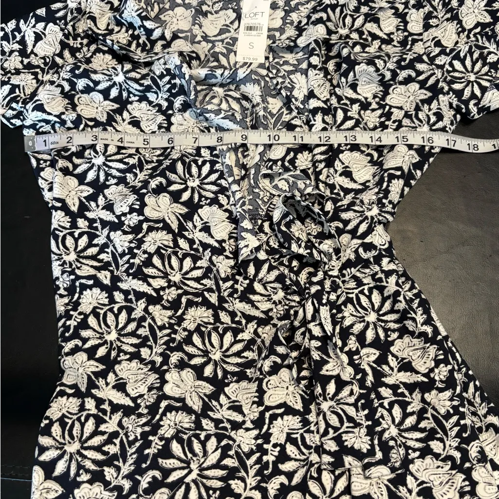 LOFT  Wrap Dress Petite Size S Floral Dark Navy Blue White With Ruffles NWT - Image 9