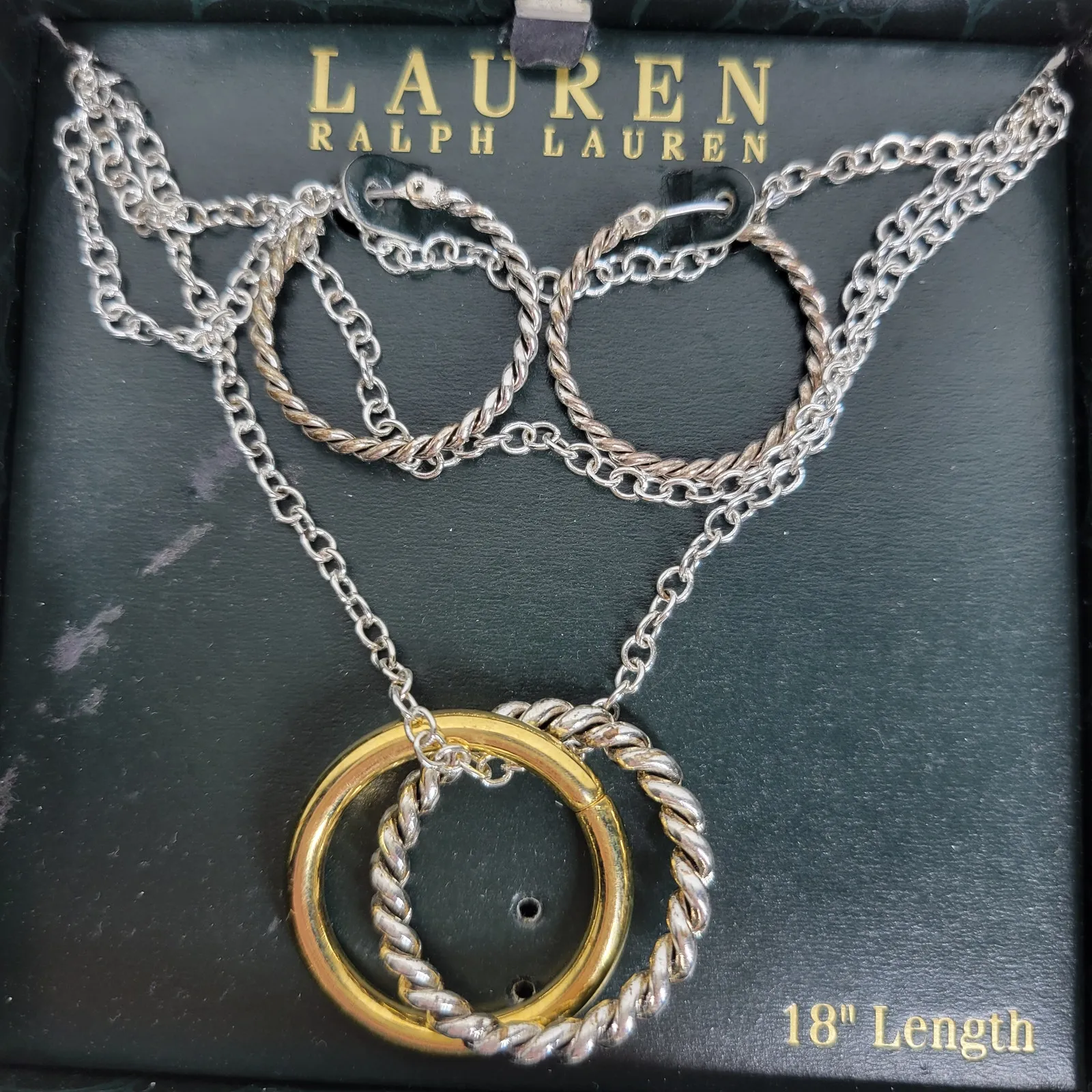 VTG Lauren Ralph Lauren Necklace & Hoop Earring Set NIB Silver Gold Tone 18" - Image 7