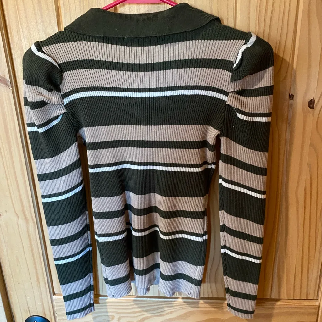 No Boundaries V-Neck Sweater - Olive and Beige Stripes - Image 4