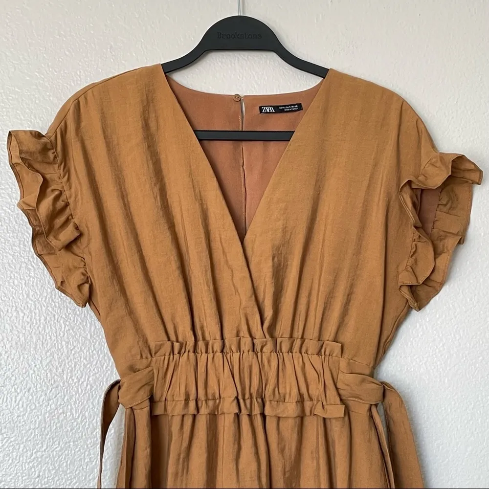 Zara Ruffle Sleeve Keyhole Back Cinched Waist Brown Mini Dress Size Small - Image 5