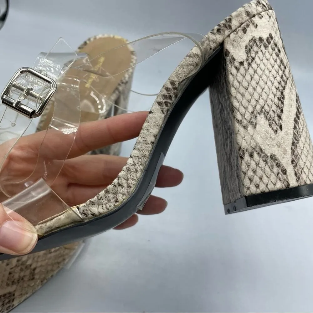 Pretty Little Thing Grey Faux Snake Print Chunky Heels Clear Straps Womens 7.5 - Image 6