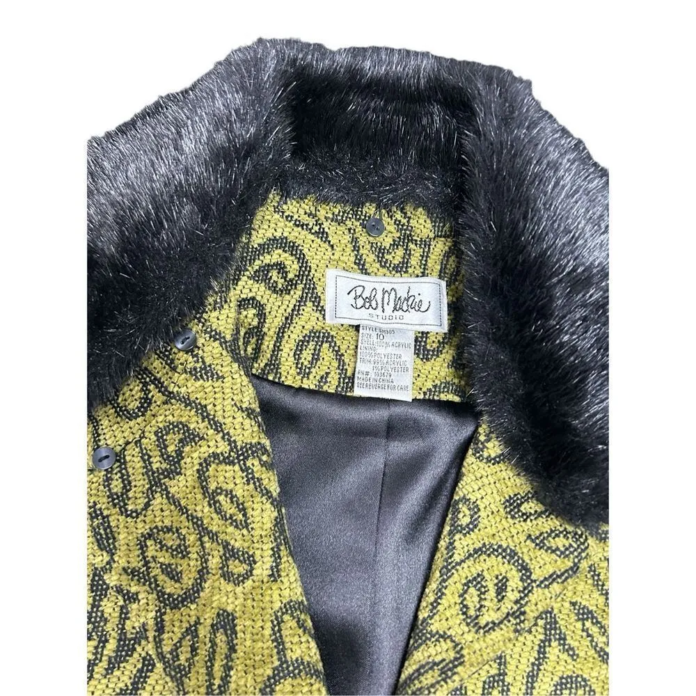 Vtg BOB MACKIE STUDIO green/yellow & Black Tapestry Vest Removable Faux Fur Coll - Image 5