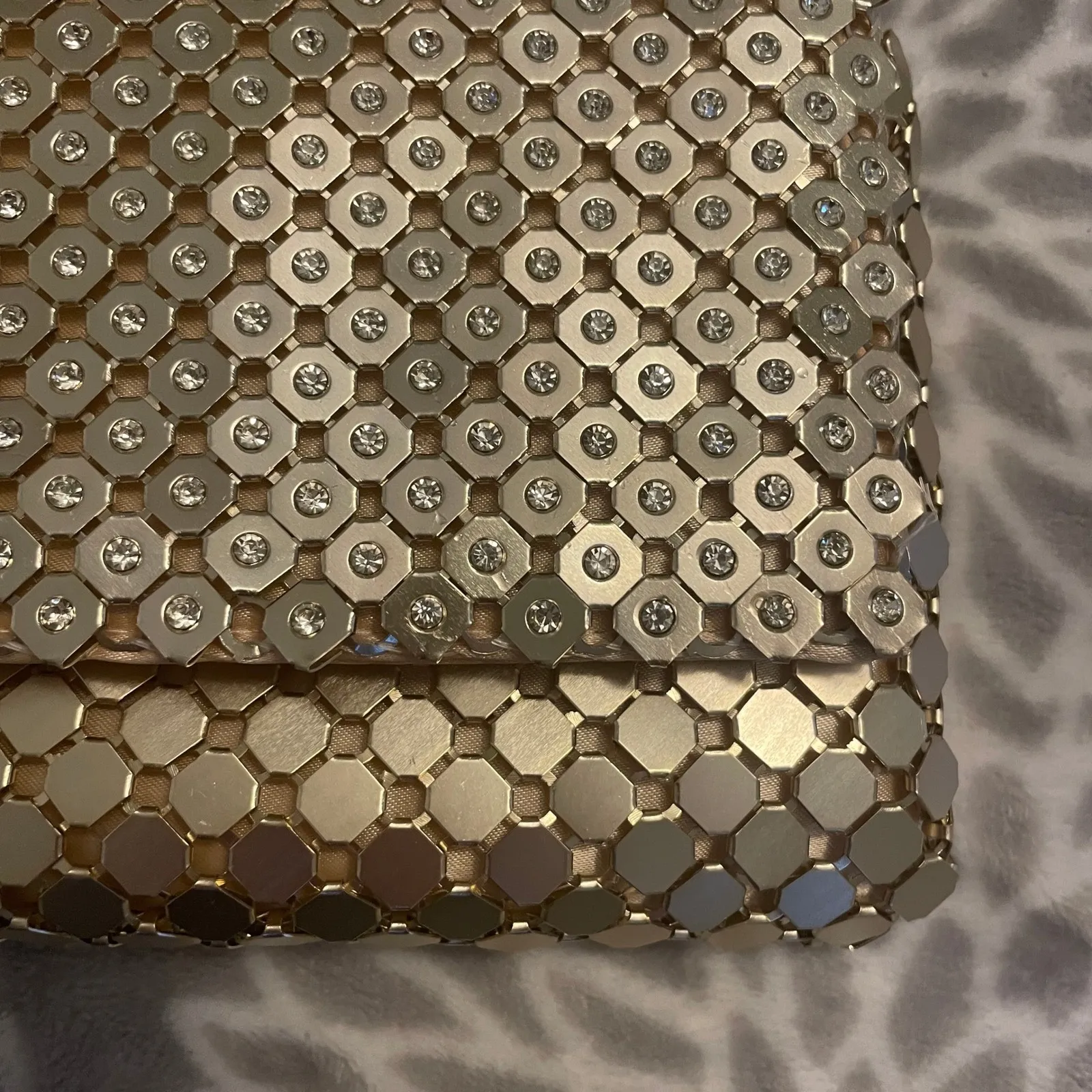 Cezanne Gold Metallic Rhinestone Evening Bag Clutch Octagon Chain Party Wedding - Image 6