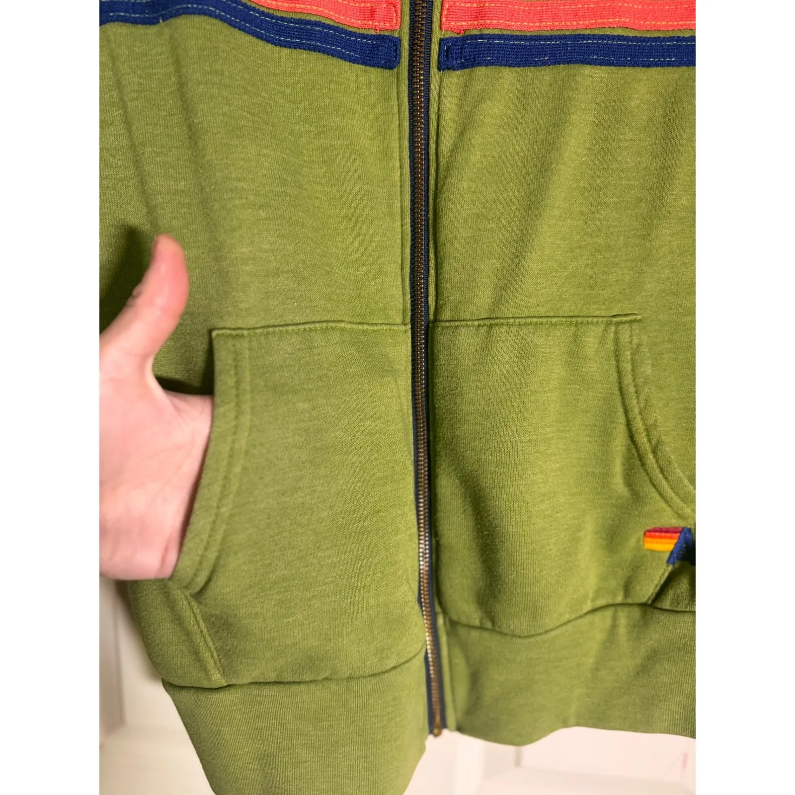 Aviator Nation Hoodie Green Rainbow Stripe Full Zip Sweatshirt Womens Size S - Image 3