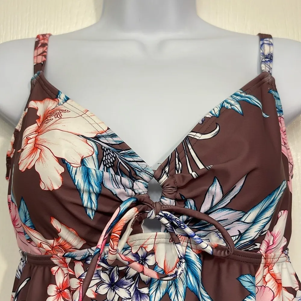 VENUS Brown Floral Flyaway Tankini Skort Bikini Bottom Size 6 EUC #5068 - Image 4
