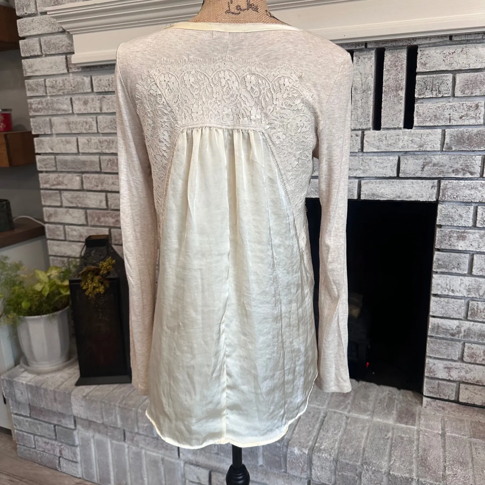 BORDEAUX Womens Long Sleeve Lace Trim Tunic Top Shirt Beige Size S Boho - Image 5