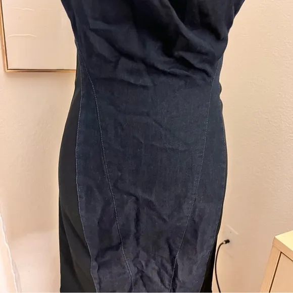 HELMUT‎ LANG Asymmetrical Pleated Denim Cutout Dress In Blue and Black Size 4 - Image 3