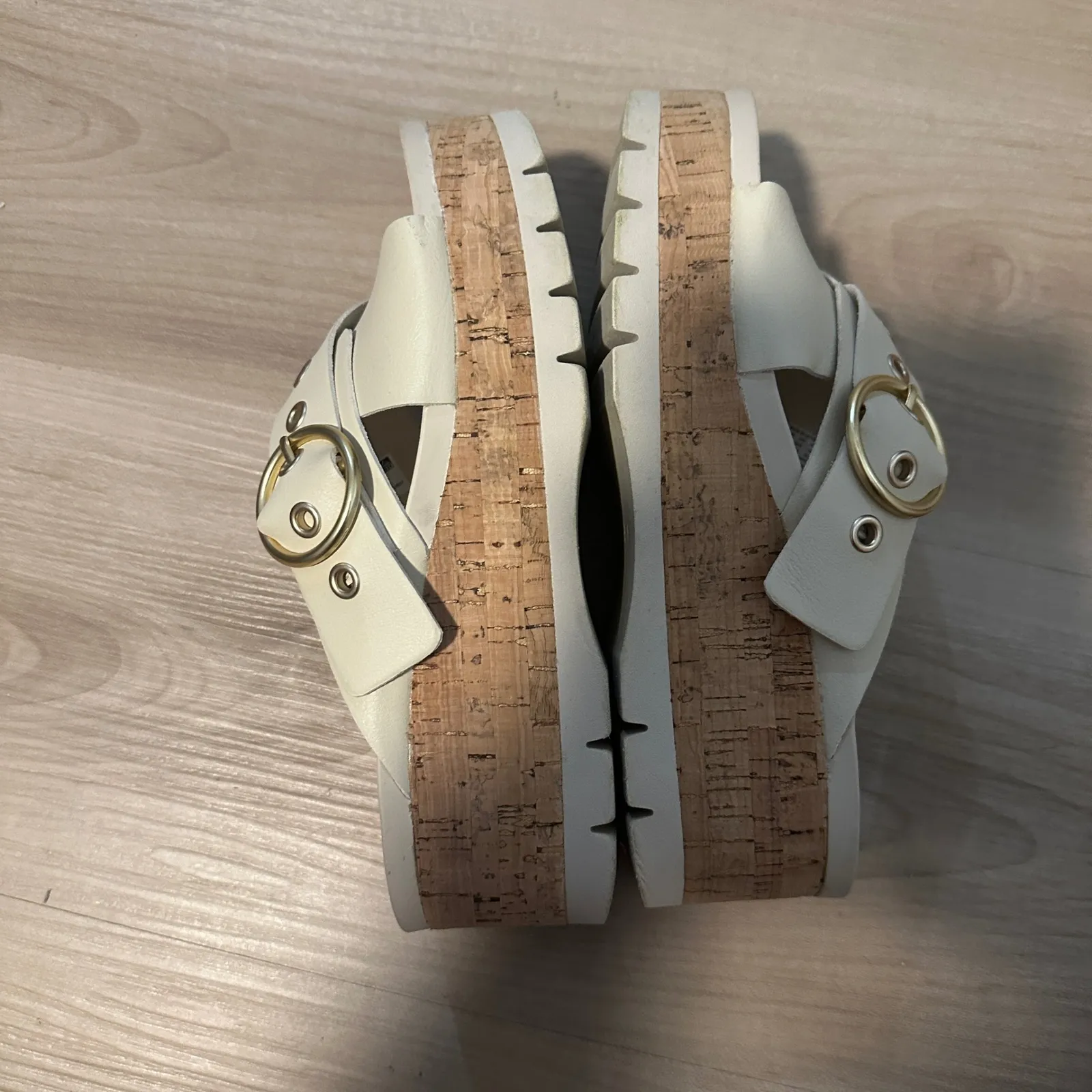 Reef 7 Cushion Vista Sandals Slides Ivory White Criss Cross Buckle Cork Platform - Image 7