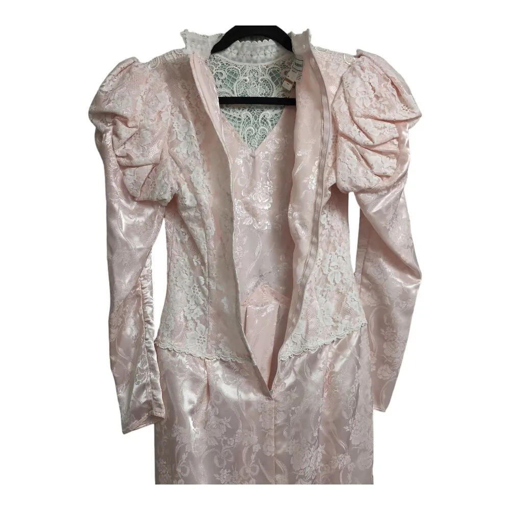 Vintage 80's Scott McClintock Pink Ivory Lace Victorian Style Dress High Neck 6 - Image 9