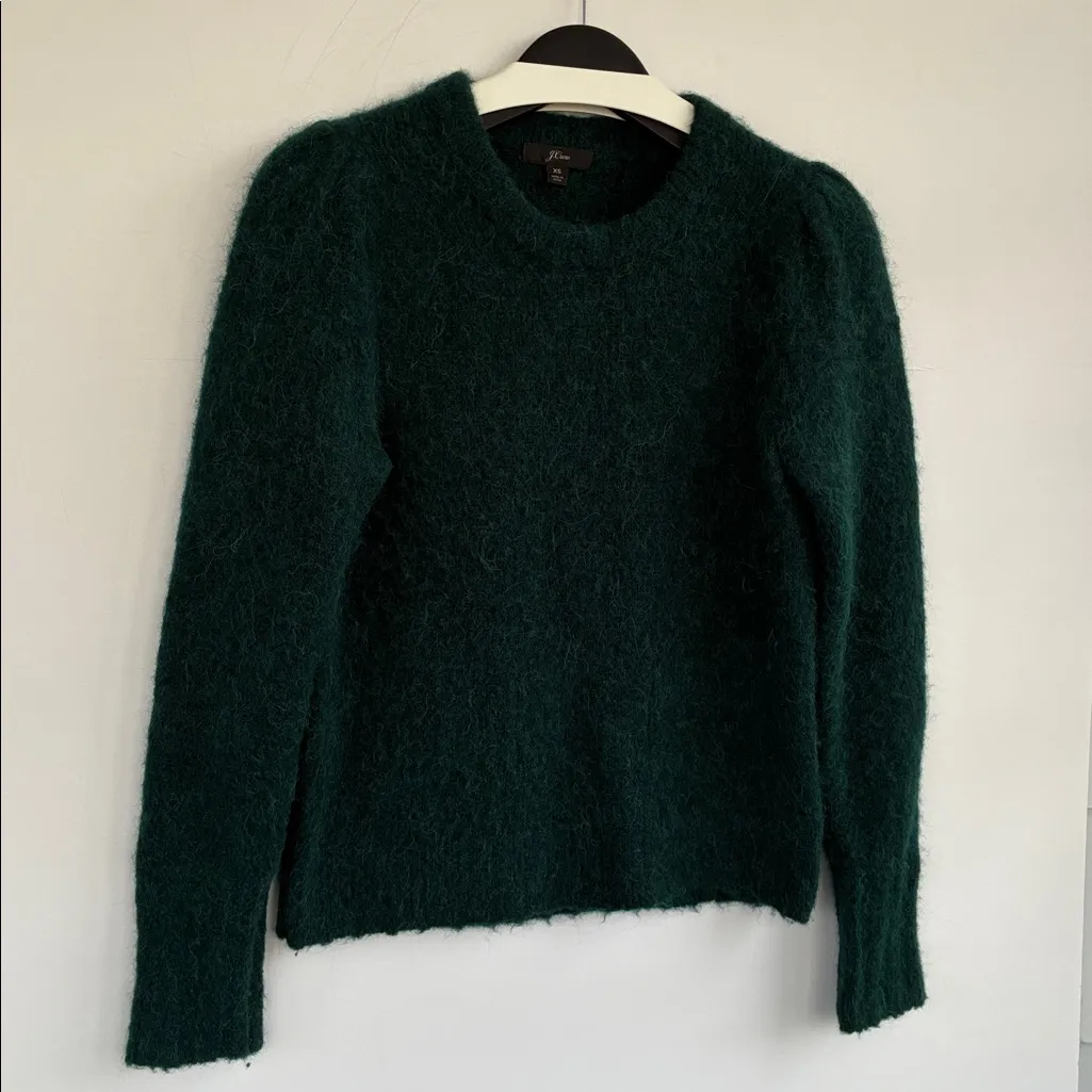 J. Crew Puff Sleeve Fuzzy Crewneck Sweater In Old Forest Alpaca Merino Blend XS - Image 5