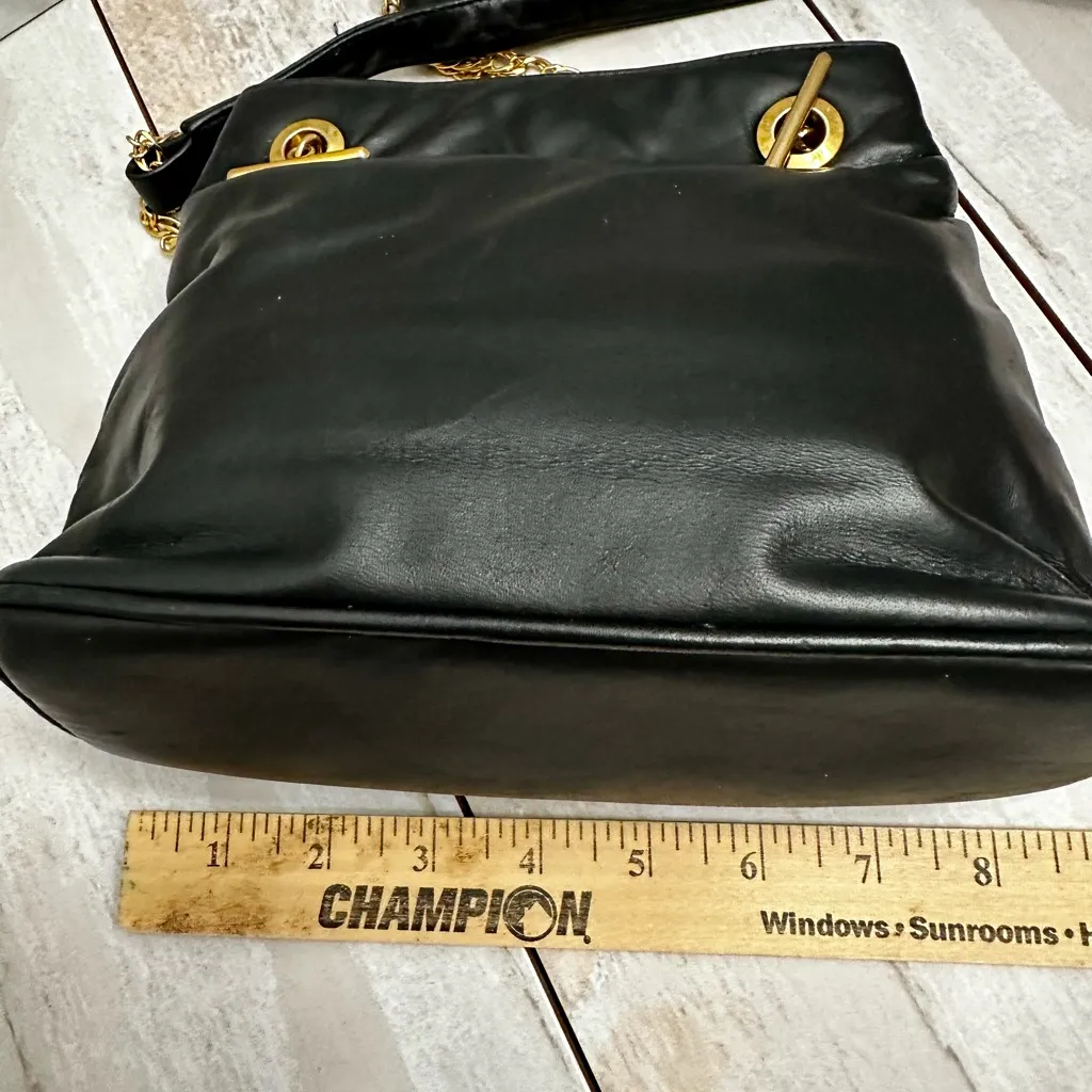 Vintage Black Leather Crossbody Bag Gold Hardware Edgy Disco Clubbing Glamour - Image 7