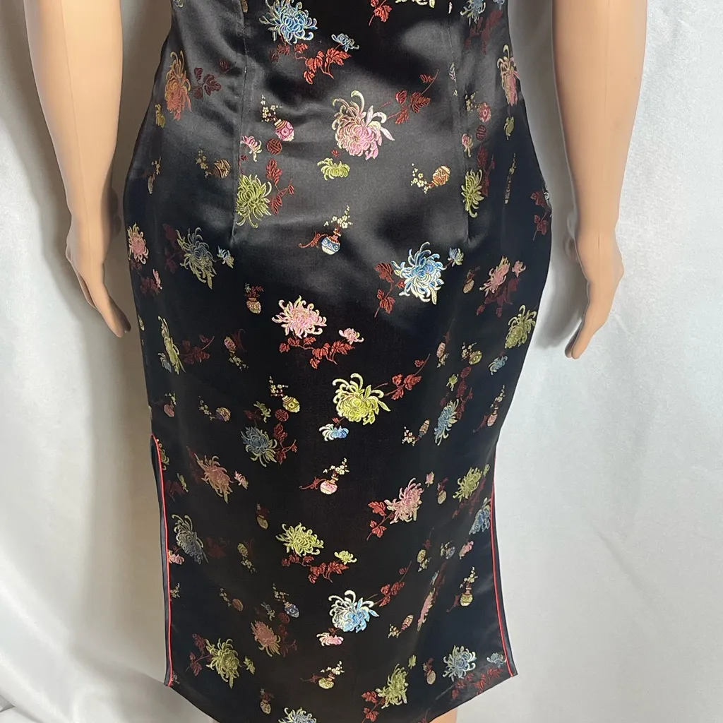 Squirrel Hangzhou China Black Floral Cheongsam Dress 100% Rayon Sz 34x17 Pink - Image 7