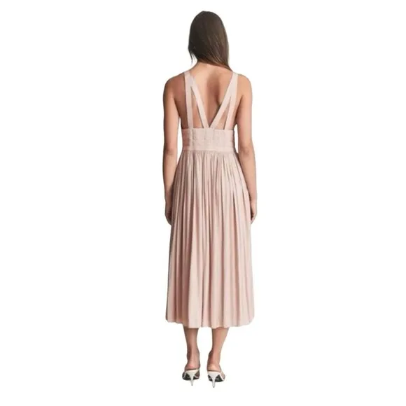 REISS Taupe V Neck Pleated Midi Dress‎ Women US Size 8 NWT - Image 4