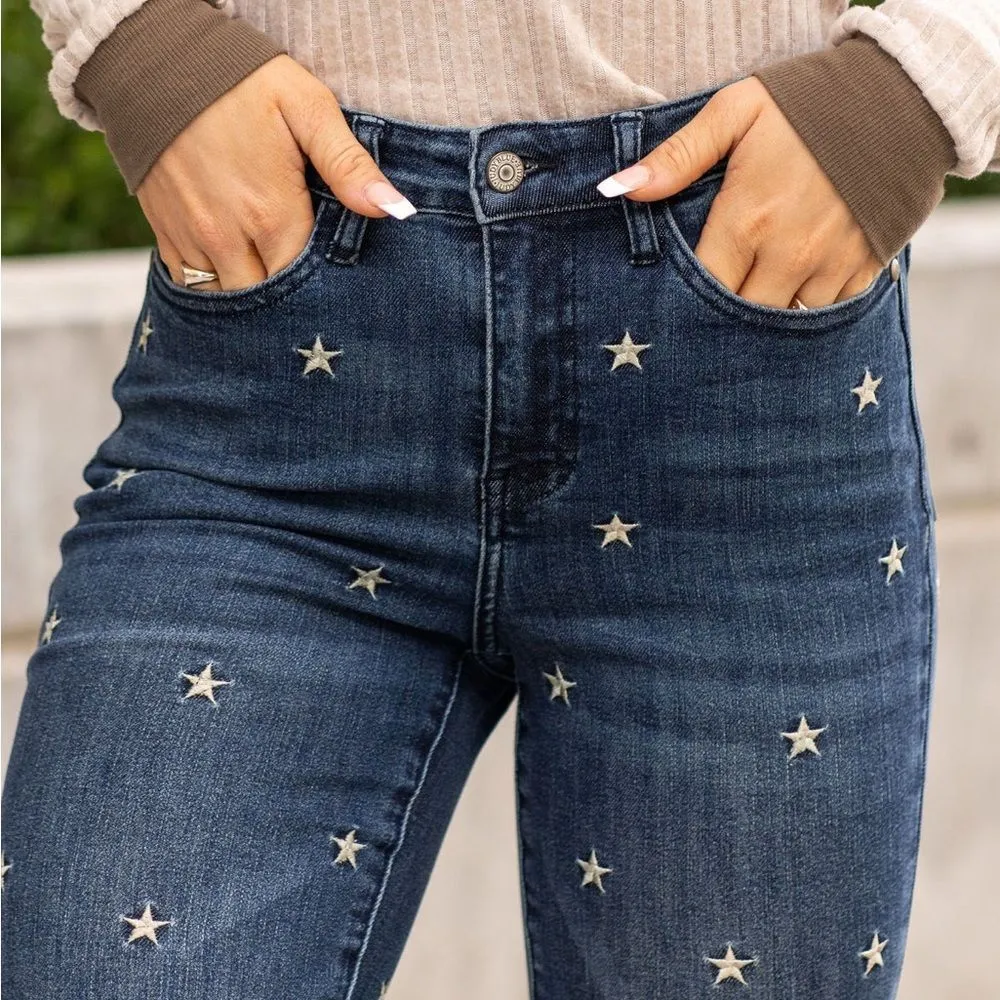 NWT Judy Blue High Rise Dark Super Flare Star Embroidered Jeans Size 30 | 10 New - Image 9