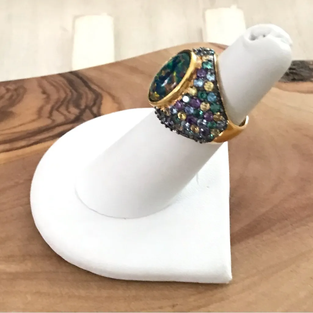 UTC Gold Vermeil Faux Opal Dome Ring Pave Crystals size 5 - Image 4