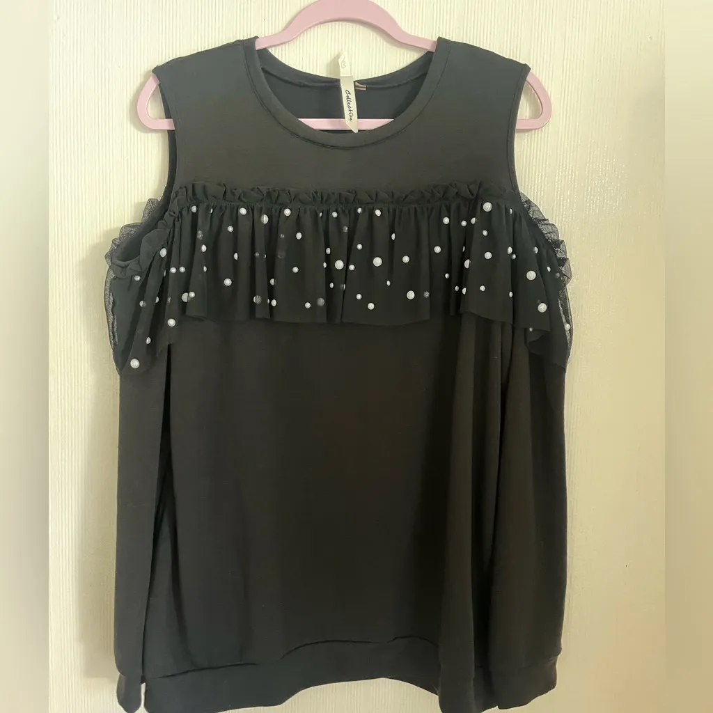 NY Collection Black Top with Polka Dot Ruffle - Image 4