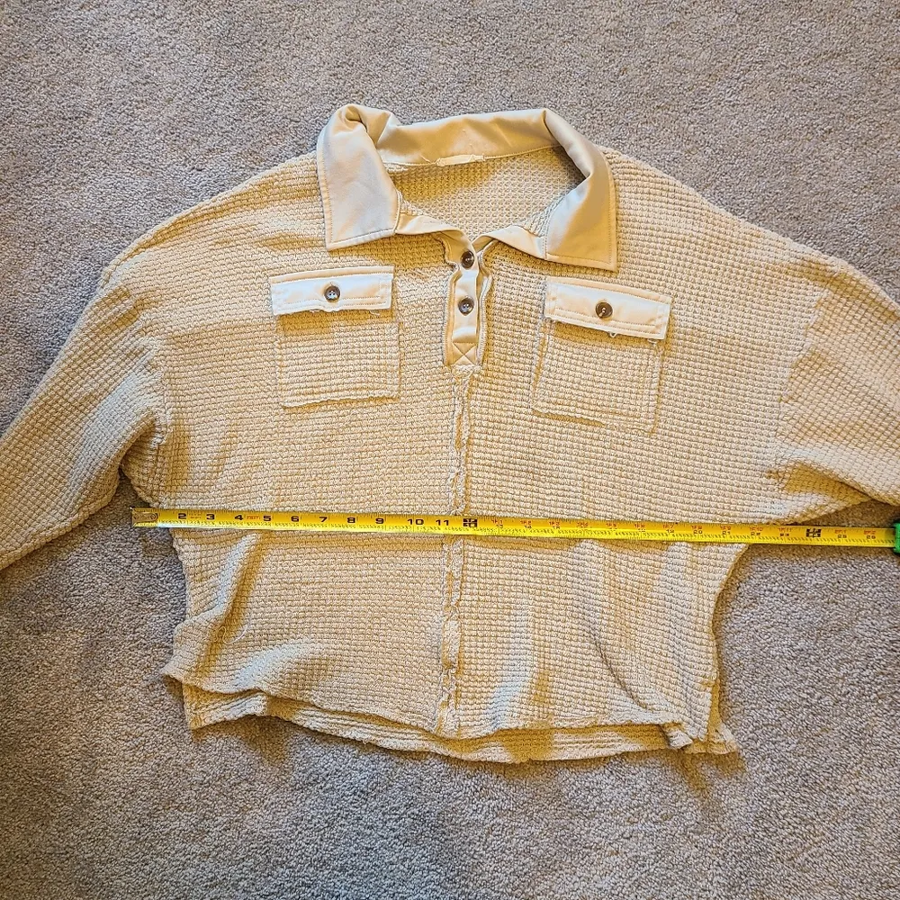 ANDTHEWHY Size Small Crop Top Waffle Knit Acid Washed Collar Pocket - Image 5