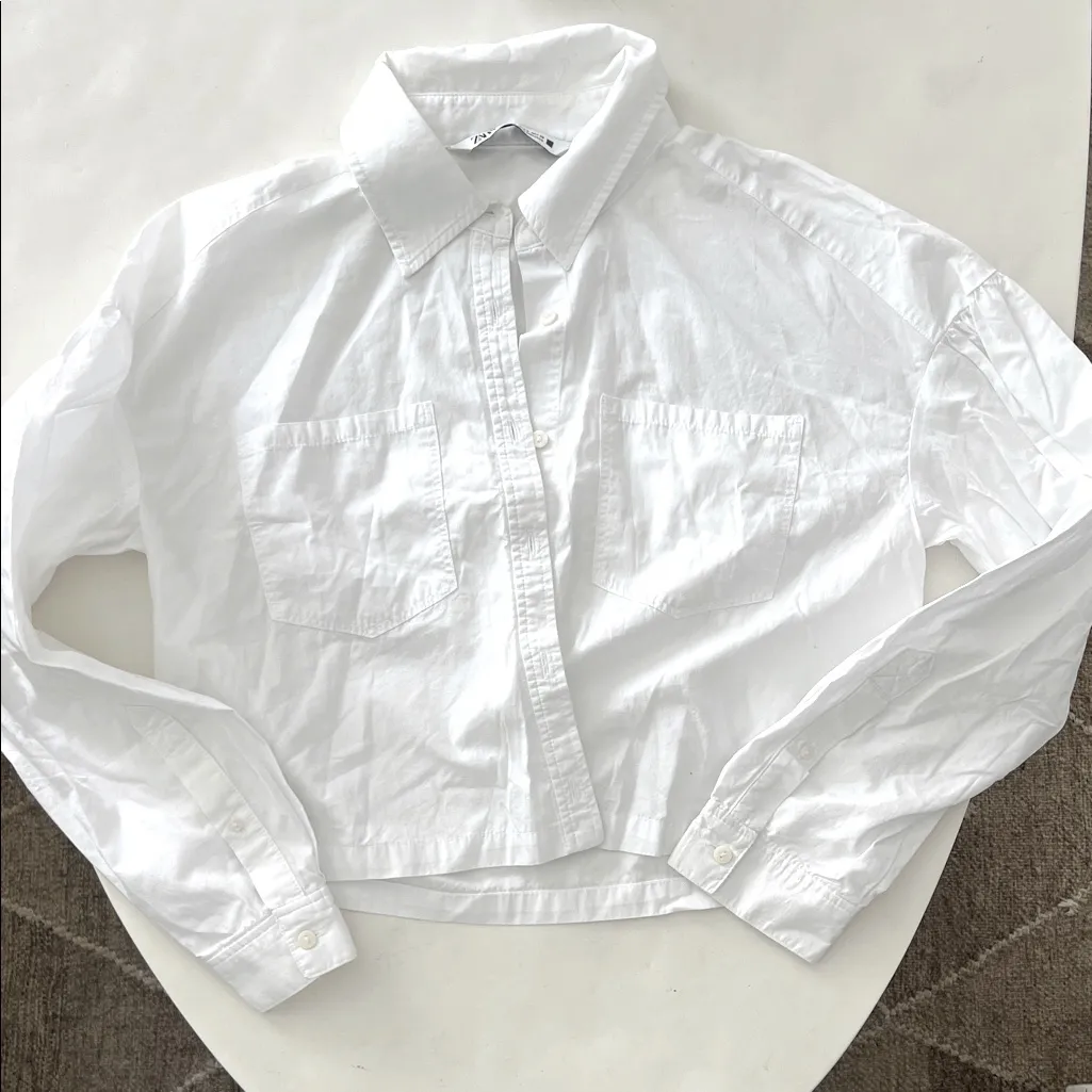 ZARA Cropped White Poplin Button Up Collared Shirt Pockets Size S - Image 2
