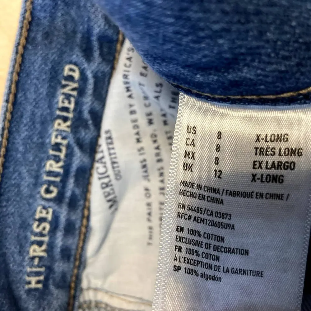 American Eagle Hi Rise Girlfriend Jeans 100% Cotton Distress Light Wash 8 XLong Blue - Image 5