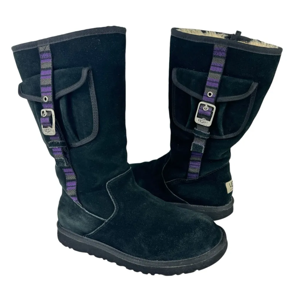 UGG F3010G Black Suede Cargo Pocket Sheepskin Retro Tall Boots Womens Size 5 - Image 16