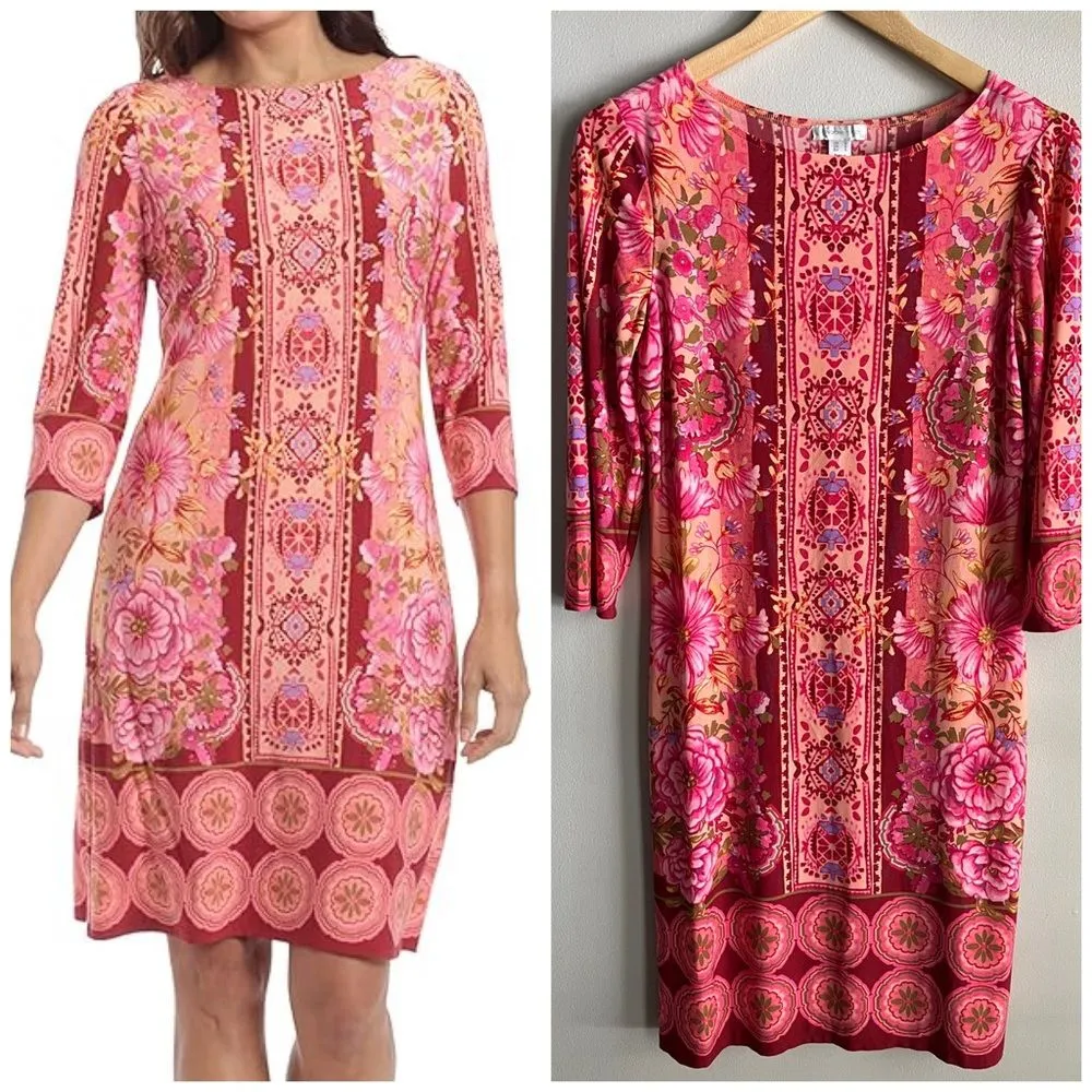 London Times Pink Floral Mosaic Shift Dress Stretch 3/4 Sleeve Size S - Image 2
