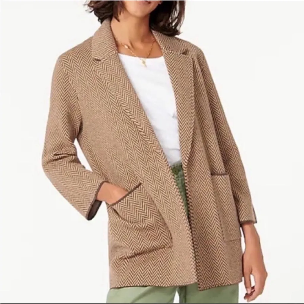 J CREW Sophie Brown Herringbone Cardigan Sweater Blazer Cotton Wool Blend XS - Image 2