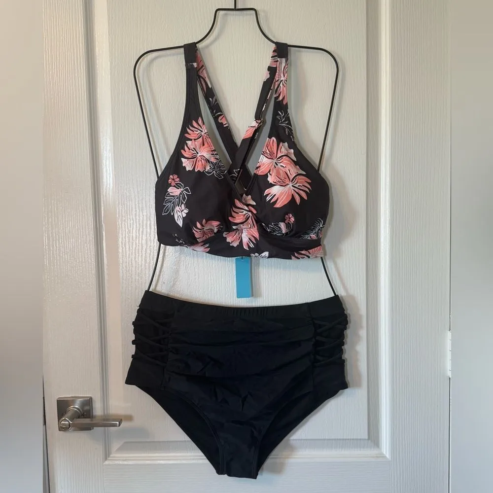 Younique Black Floral Bikini with Plunging Halter High - Image 2