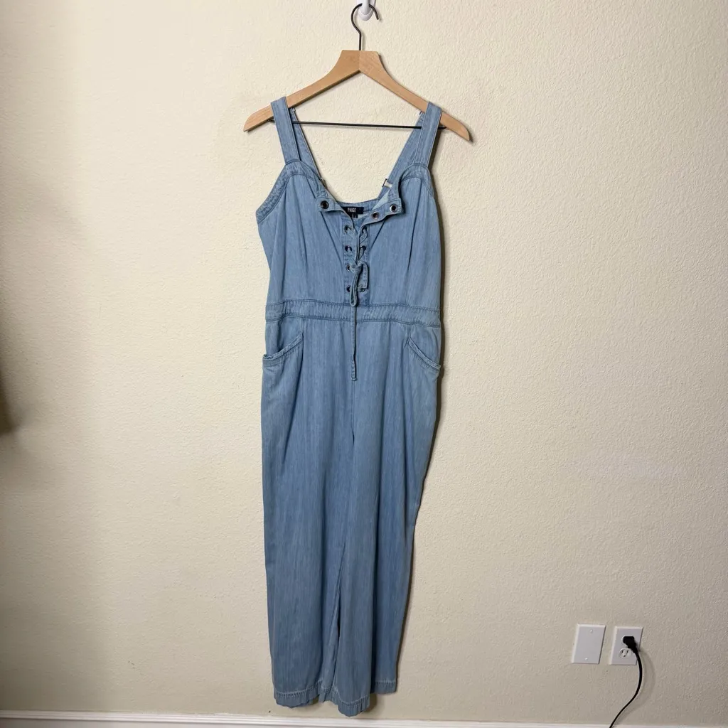 Paige x Revolve November Denim Jumpsuit Overalls Zeila Crop Wide Leg Lace Up XL - Image 5