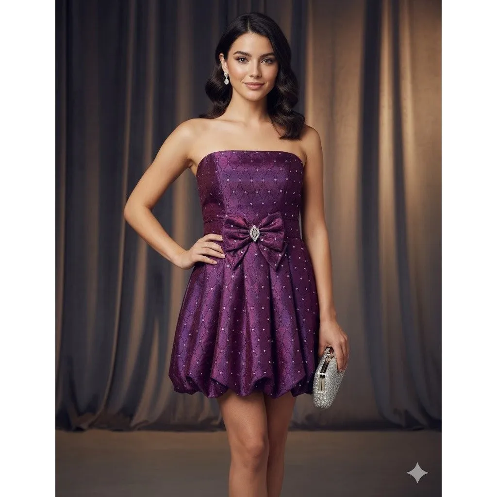 Strapless Bubble Hem Cocktail Mini Dress Purple Taffeta 5/6 Hoco Prom Black Tie - Image 11