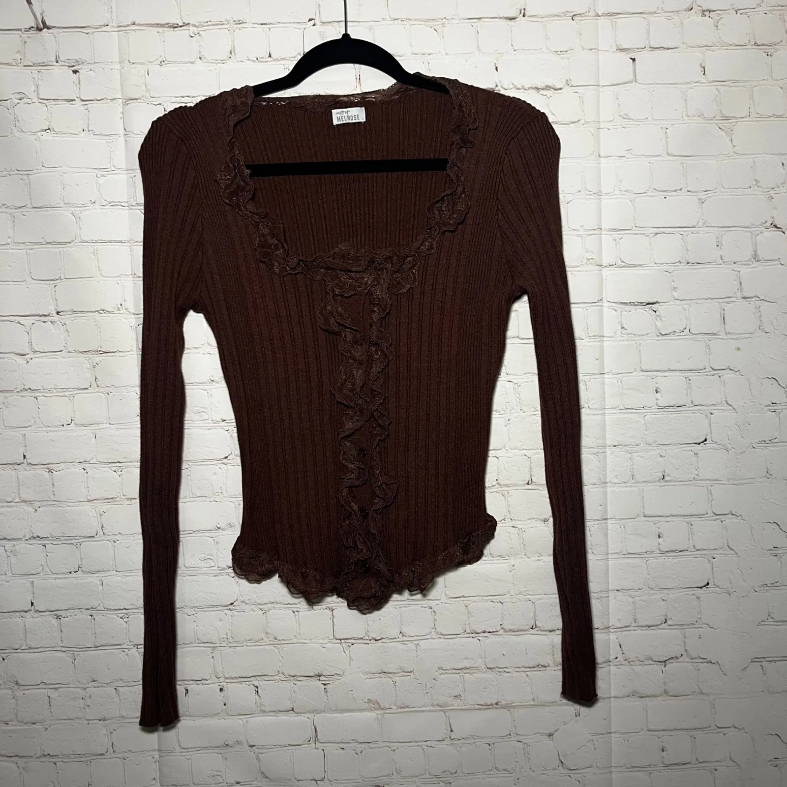 West of Melrose Chocolate Brown Ribbed Lace Trim Button UpCardigan Sweater Sz SM - Image 3