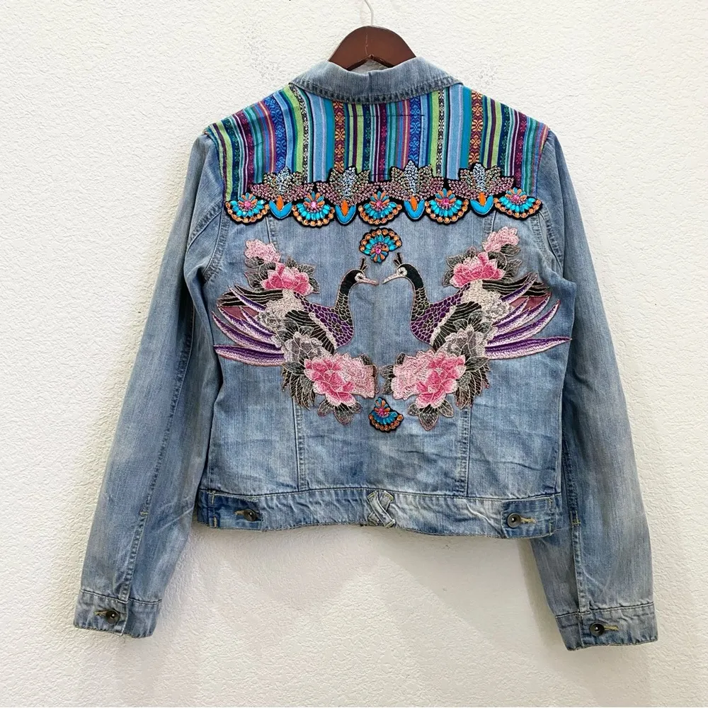 Customized Embroidered Patch Peacock Denim Jean Jacket Size M - Image 6