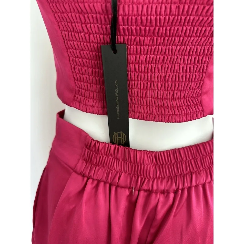 House of Harlow Satin Pants Crop Top SET S High Waist Elastic Back Pink NWT - Image 5