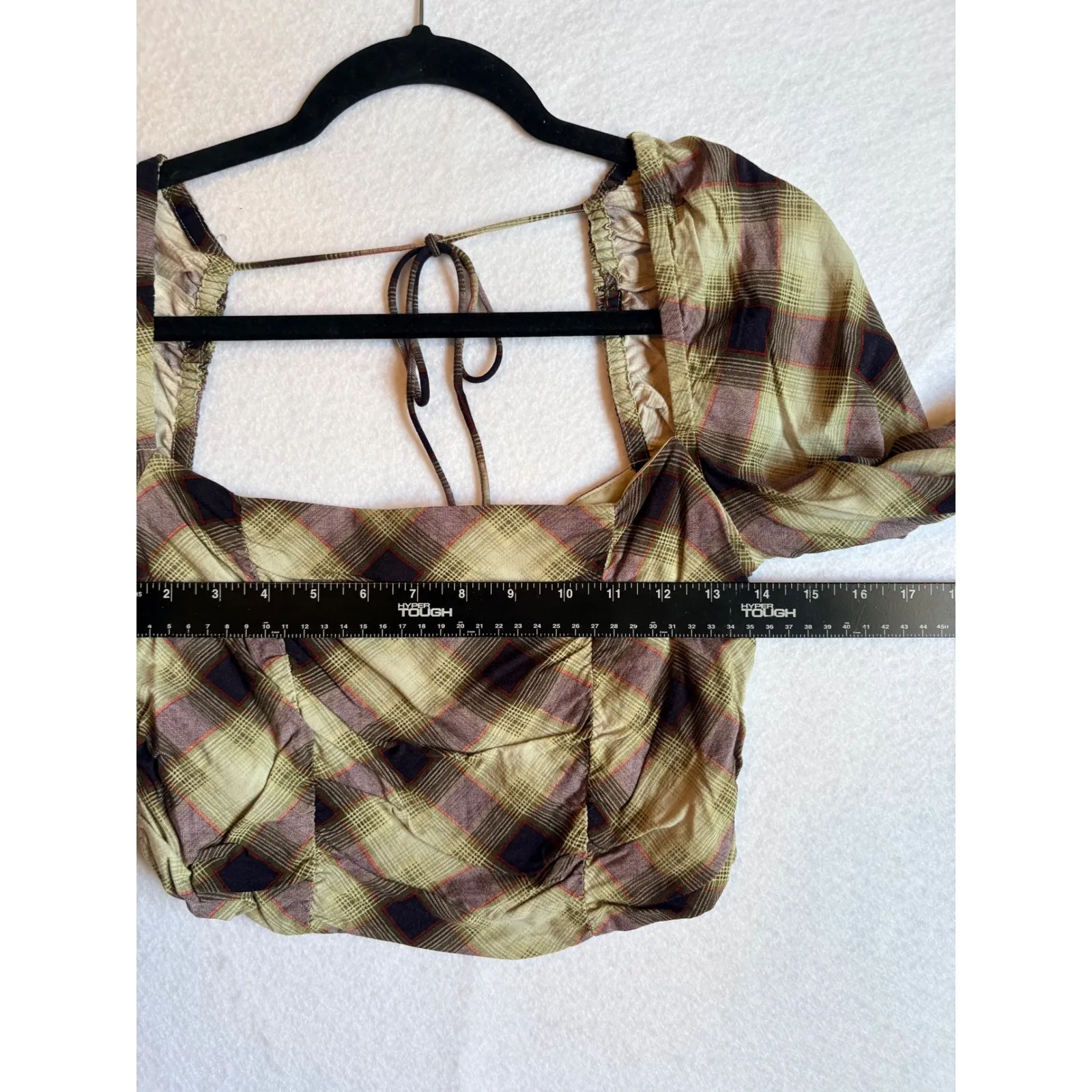Urban Outfitters Plaid Square Neck Tie Back Cropped Long Sleeve Blouse Shirt  M - Image 4