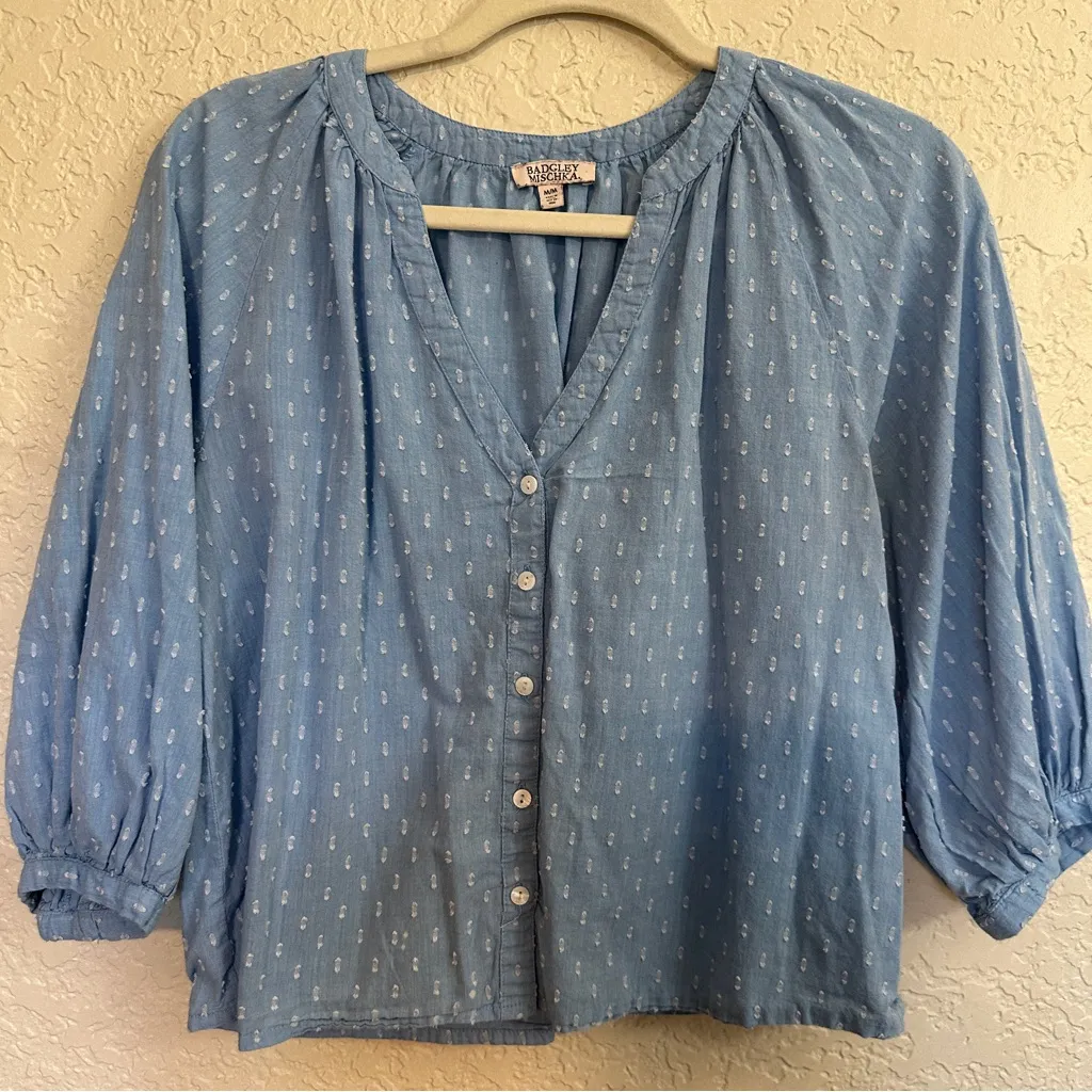 Badgley Mischka Women's Medium Pastel Blue Swiss Dot Cotton Puff Sleeve Blouse - Image 4