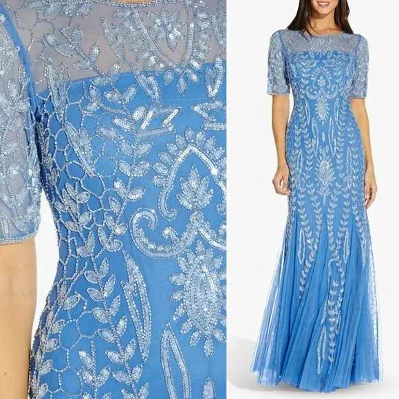 Adrianna Papell Floral Beaded Embellished Godet Gown Maxi Dress Ocean Dream Blue - Image 2