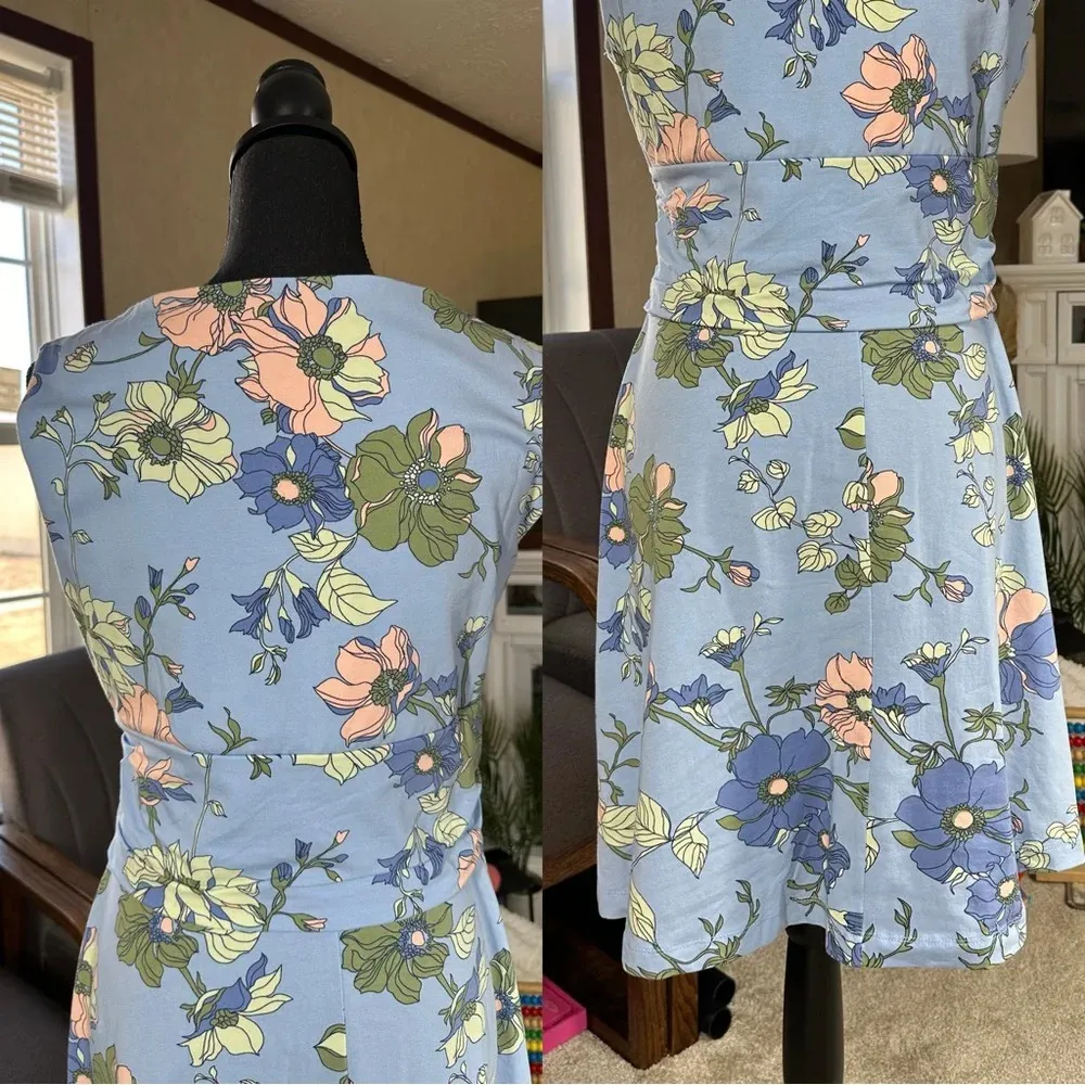 Lands’End Surplice Sleeveless Midi Dress V-Neck Pima Cotton Floral Blue Size MP - Image 4