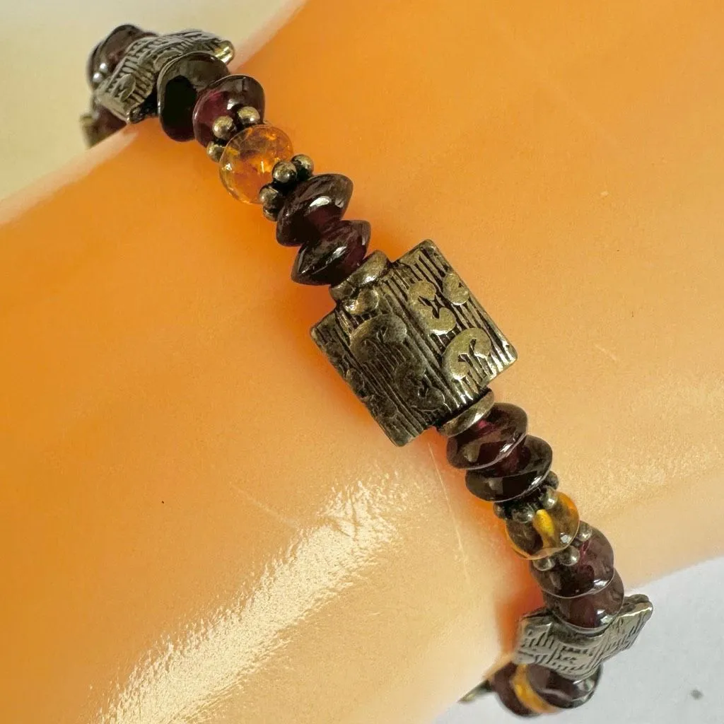 Sterling Silver Garnet & Amber Beaded Bracelet - Image 2