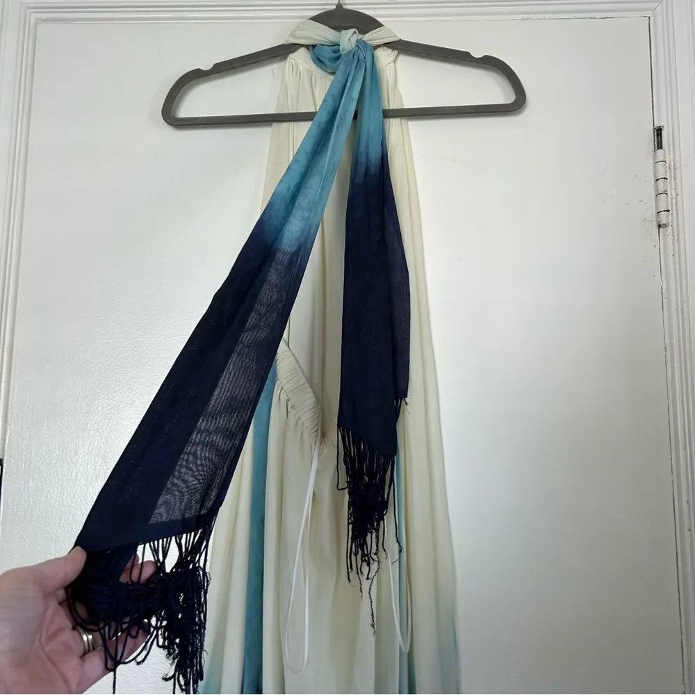 Luxxel Cream Blue Dip Dye Tie Neck Low Back Maxi Dress S - Image 4